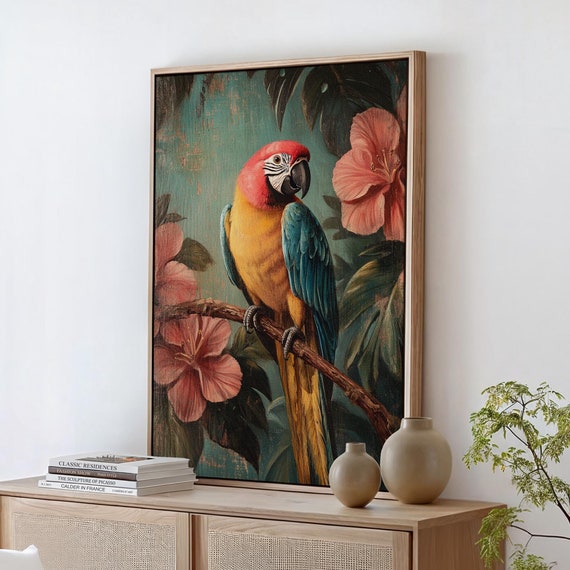 Tropical Parrot Art Vibrant Macaw Wall Decor With Hibiscus Flowers And Jungle Leaves For Bold Nature Inspired Spaces