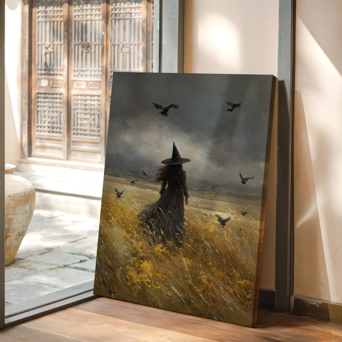 Witch Walking Golden Wheat Field Ravens Stormy Sky Oil Poster