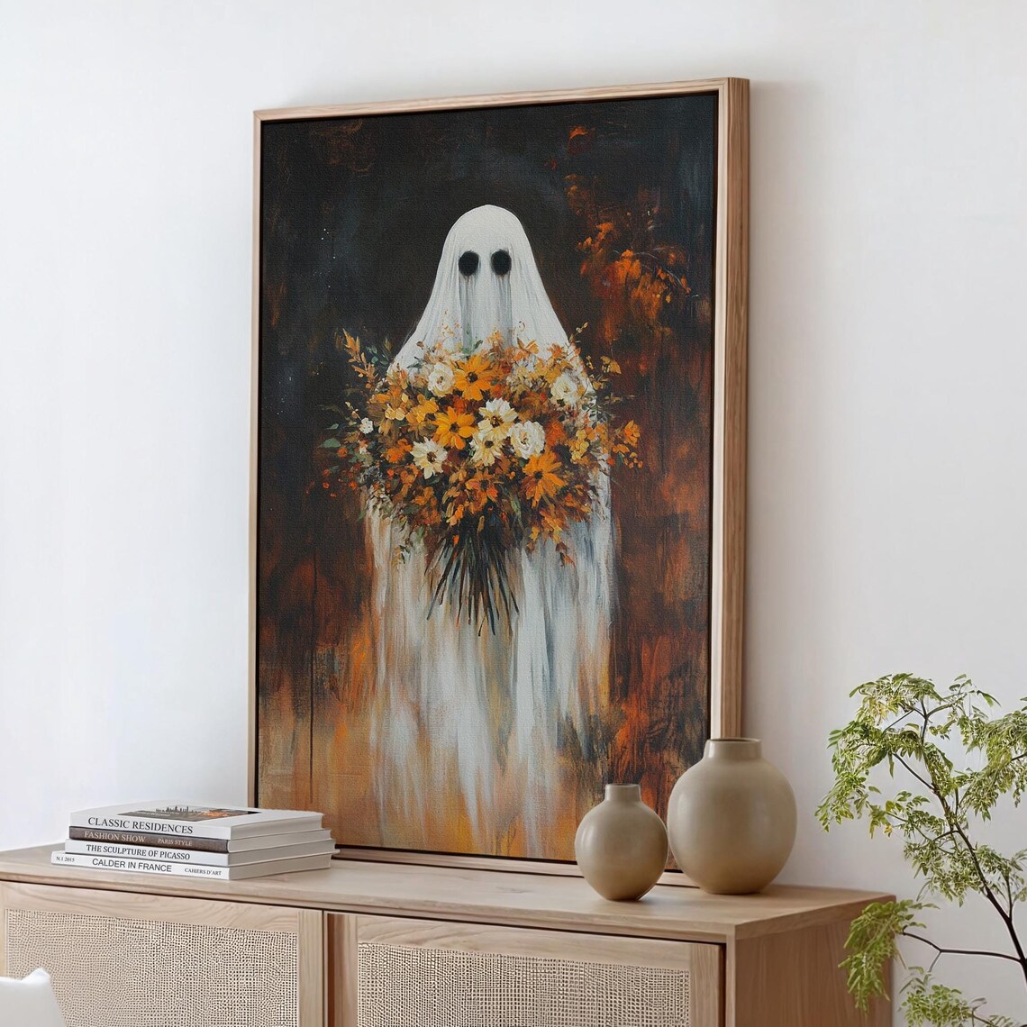 Ghost Holding Autumn Bouquet Rustic Halloween Floral Art Poster