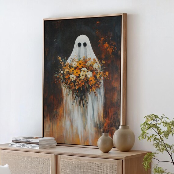 Ghost Holding Autumn Bouquet Rustic Halloween Floral Art Poster