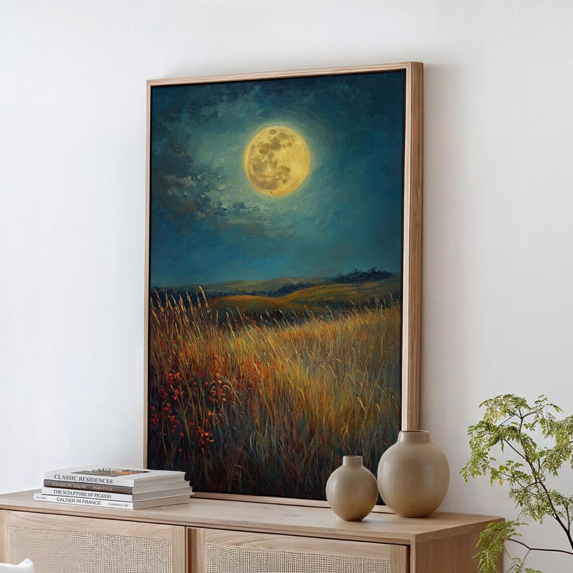 Moonlit Wheatfield, Tranquil Country Landscape Art Print