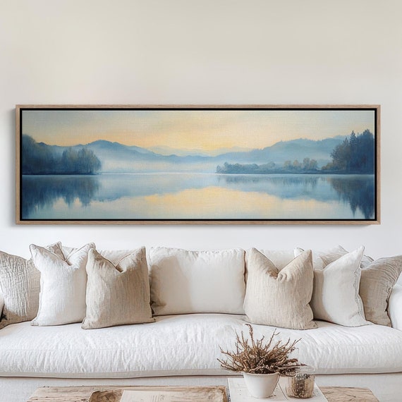 Peaceful Blue Misty Landscape Serene Nature Wall Art Calm Lake Reflection Painting Modern Minimalist Room Decor