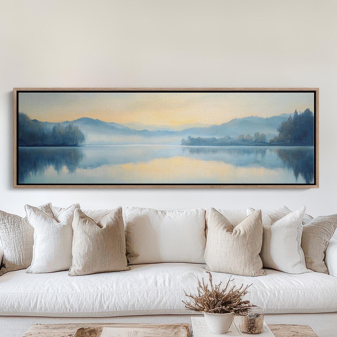 Panoramic Blue Misty Lake Dawn Still Water Golden Glow Scenic Poster