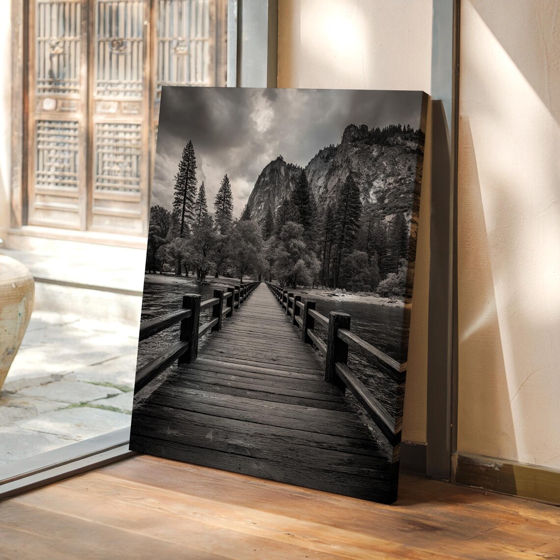 Black and White Wooden Bridge Mountain Forest Pine Trees Art Poster