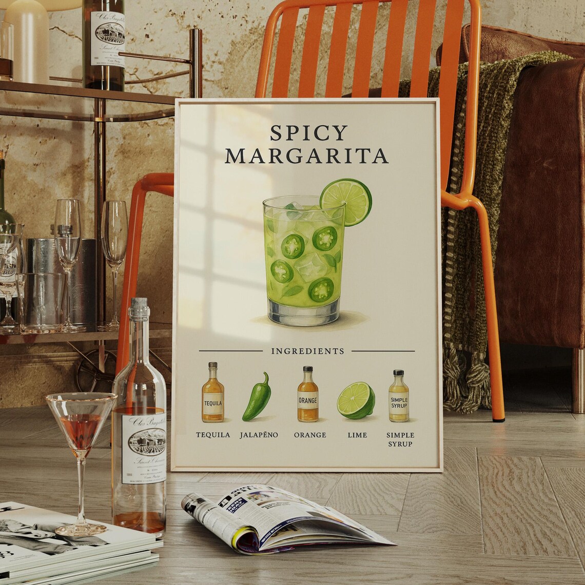 Spicy Margarita Recipe Poster Vintage Cocktail Art With Jalapeno And Tequila
