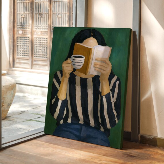 Cozy Reading Wall Art Minimalist Girl With Book And Coffee Painting Striped Sweater Art Print For Book Lovers