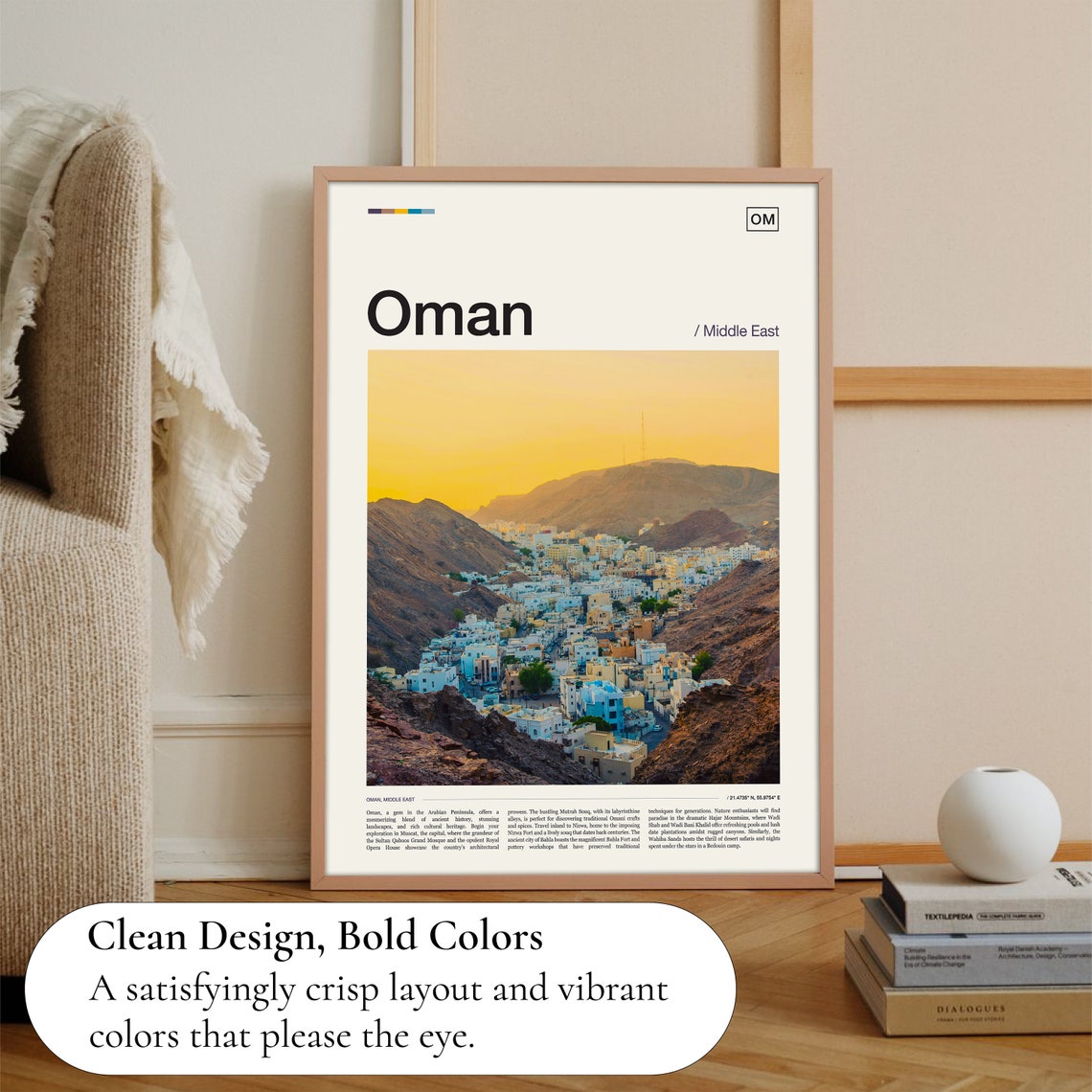 Oman Middle East Golden Sunset Over Hillside Town Travel Poster - Image 3