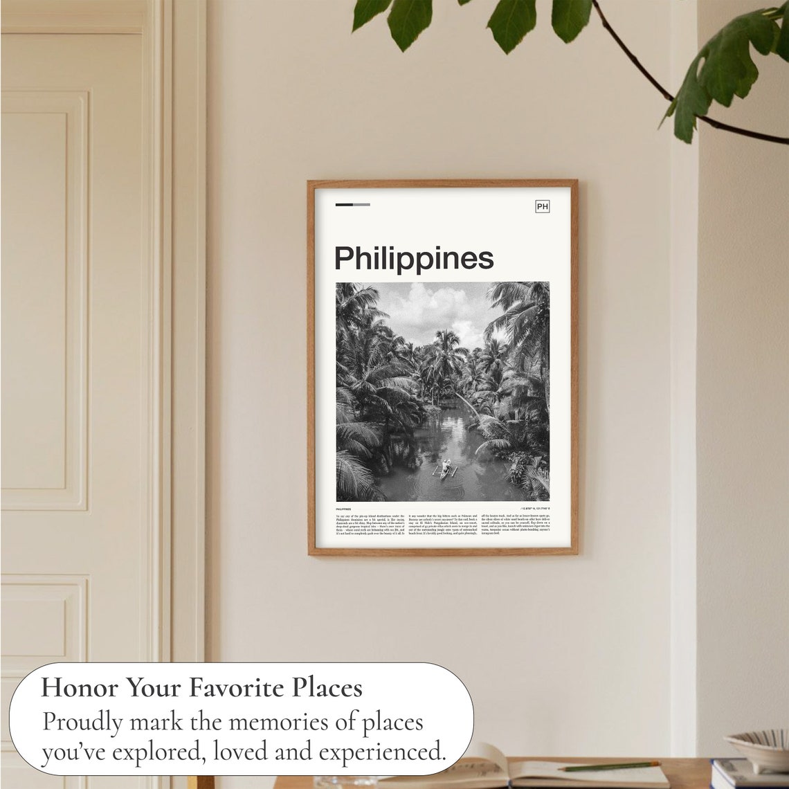 Philippines Black White Palm River Boat Tropical Scene Poster - Image 5