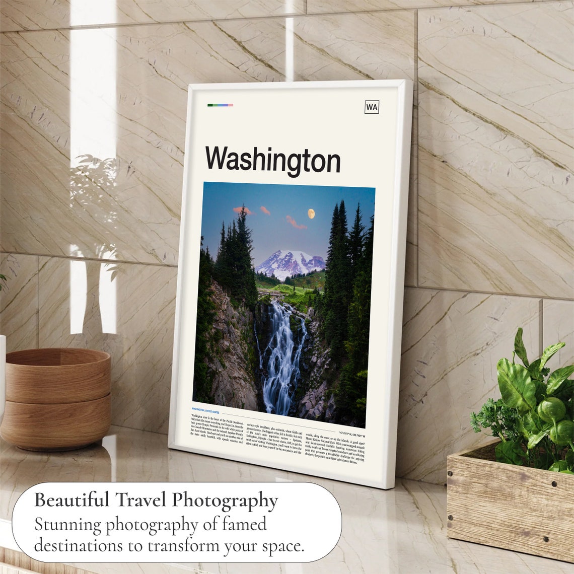 Washington State Mount Rainier Waterfall Moonrise Photo Travel Poster - Image 4