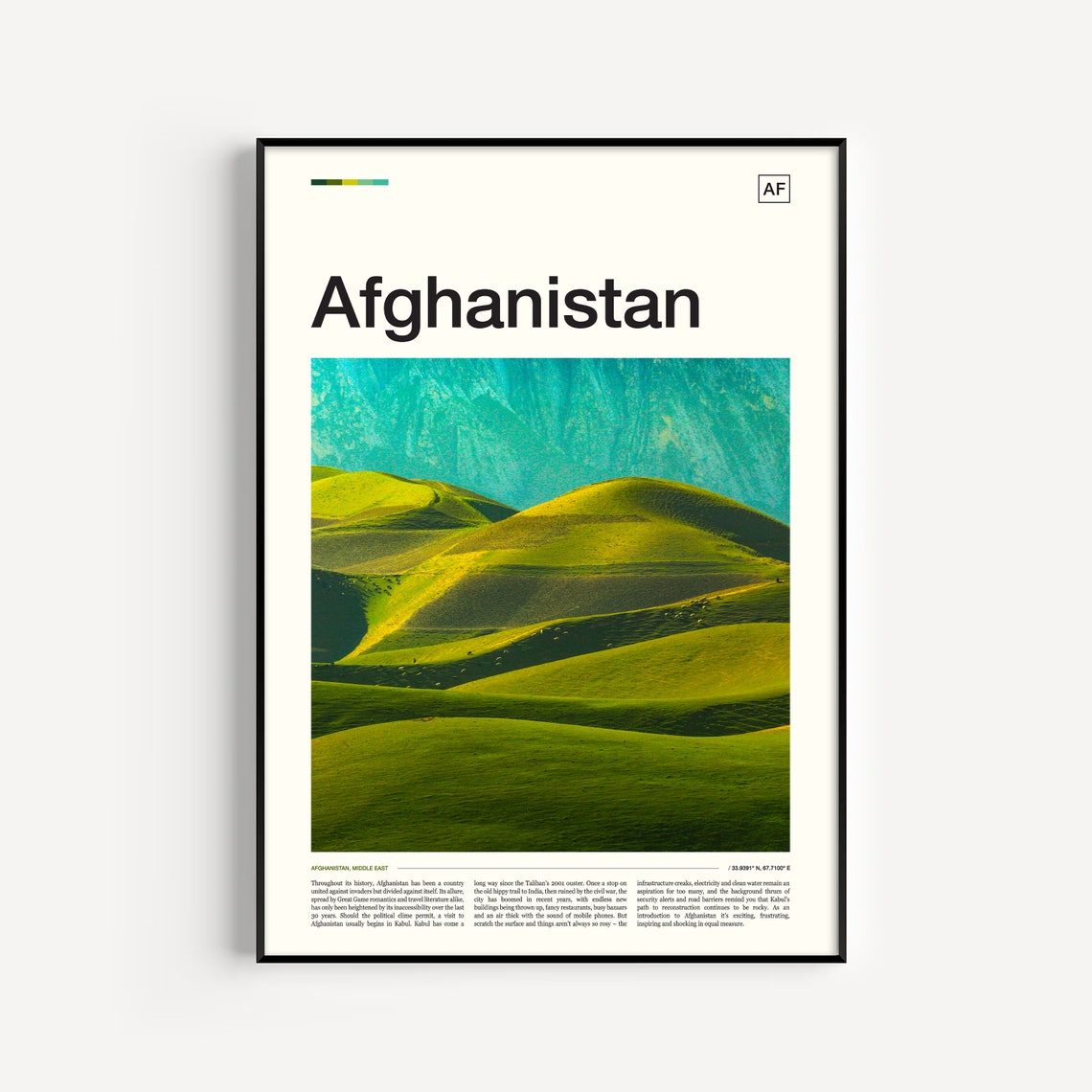 Afghanistan Rolling Green Hills Mountain Landscape Travel Poster