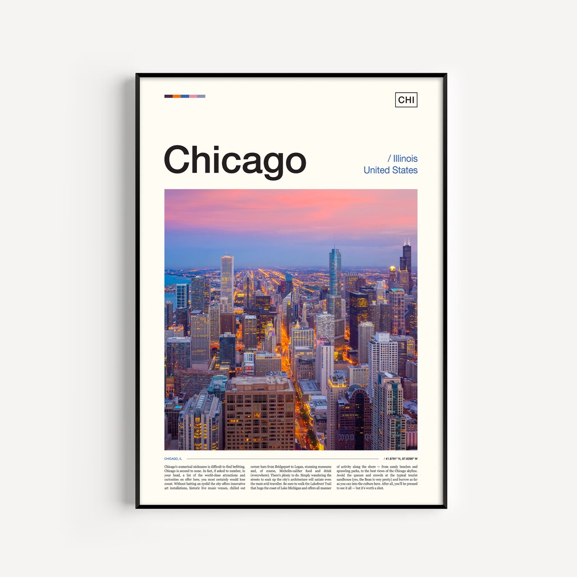 Chicago Skyline Travel Poster, Chicago Illinois