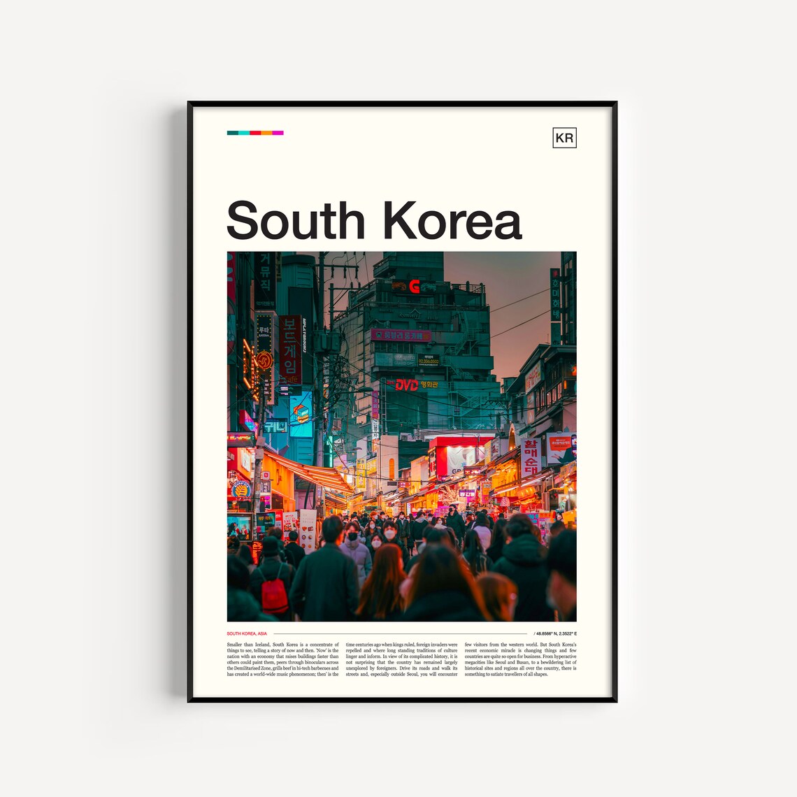 South Korea Neon Street Night Market Crowds Photography Poster