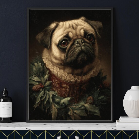 Pug in Holiday Holly Wreath Royal Christmas Dog Portrait Poster
