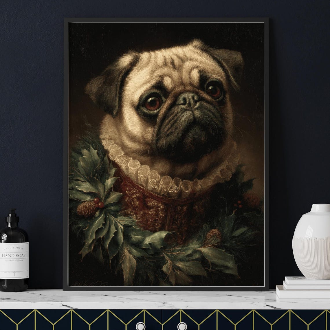 Pug in Holiday Holly Wreath Royal Christmas Dog Portrait Poster