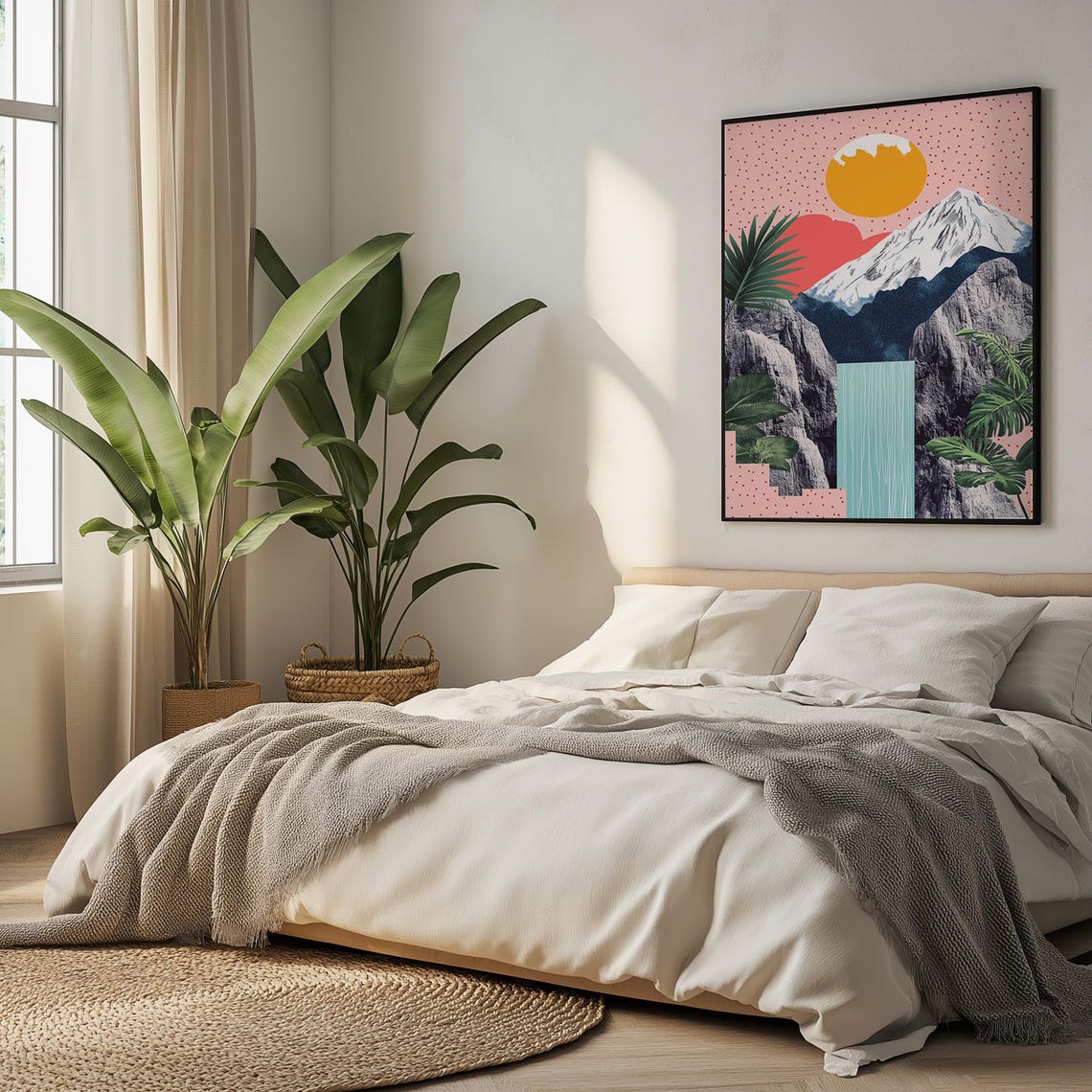 Abstract Mountain Waterfall Art Print Vibrant Geometric Nature Design With Sun Mountains And Waterfall Modern Landscape Wall Decor - Image 4