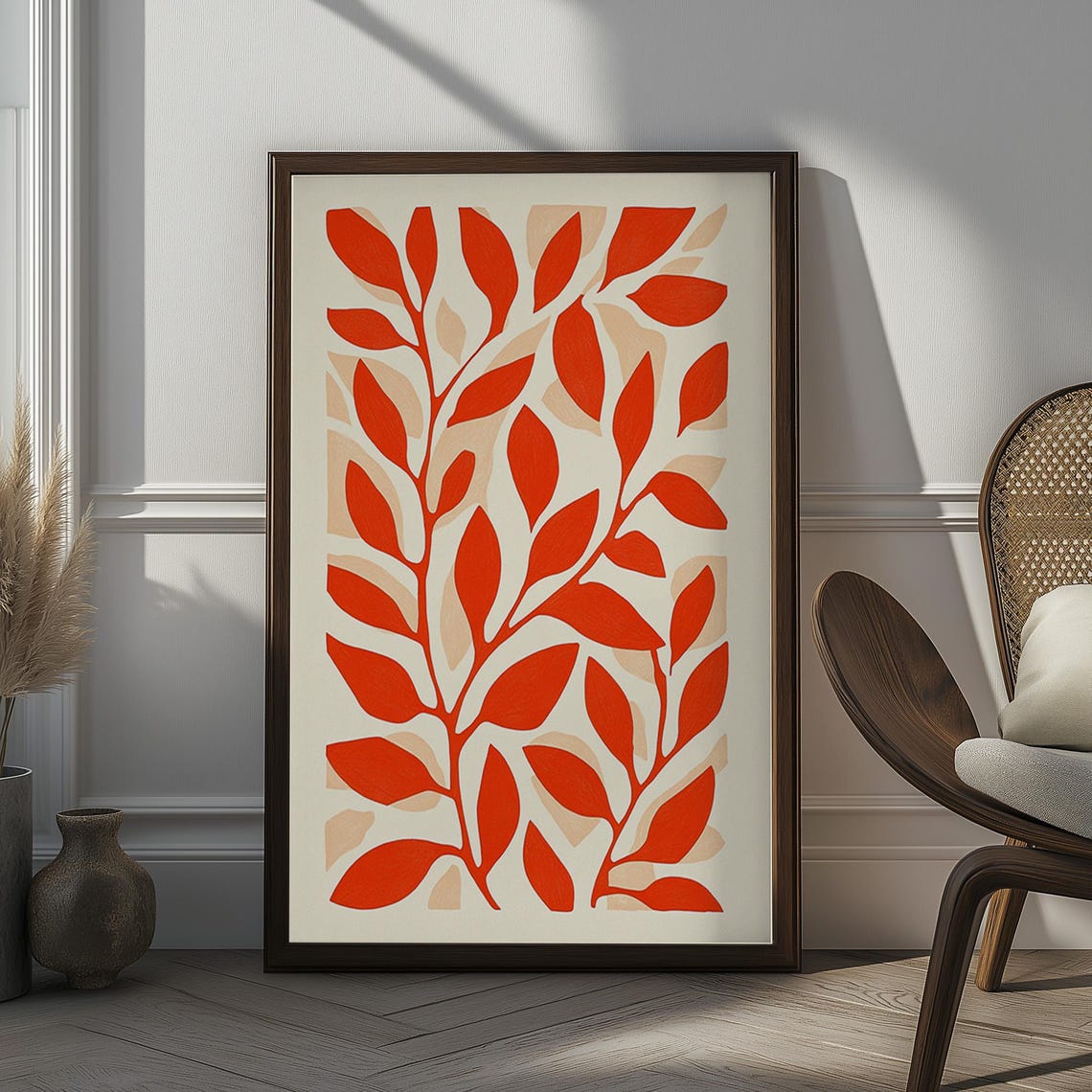 Minimalist Red Leaf Branch Scandinavian Botanical Autumn Wall Art
