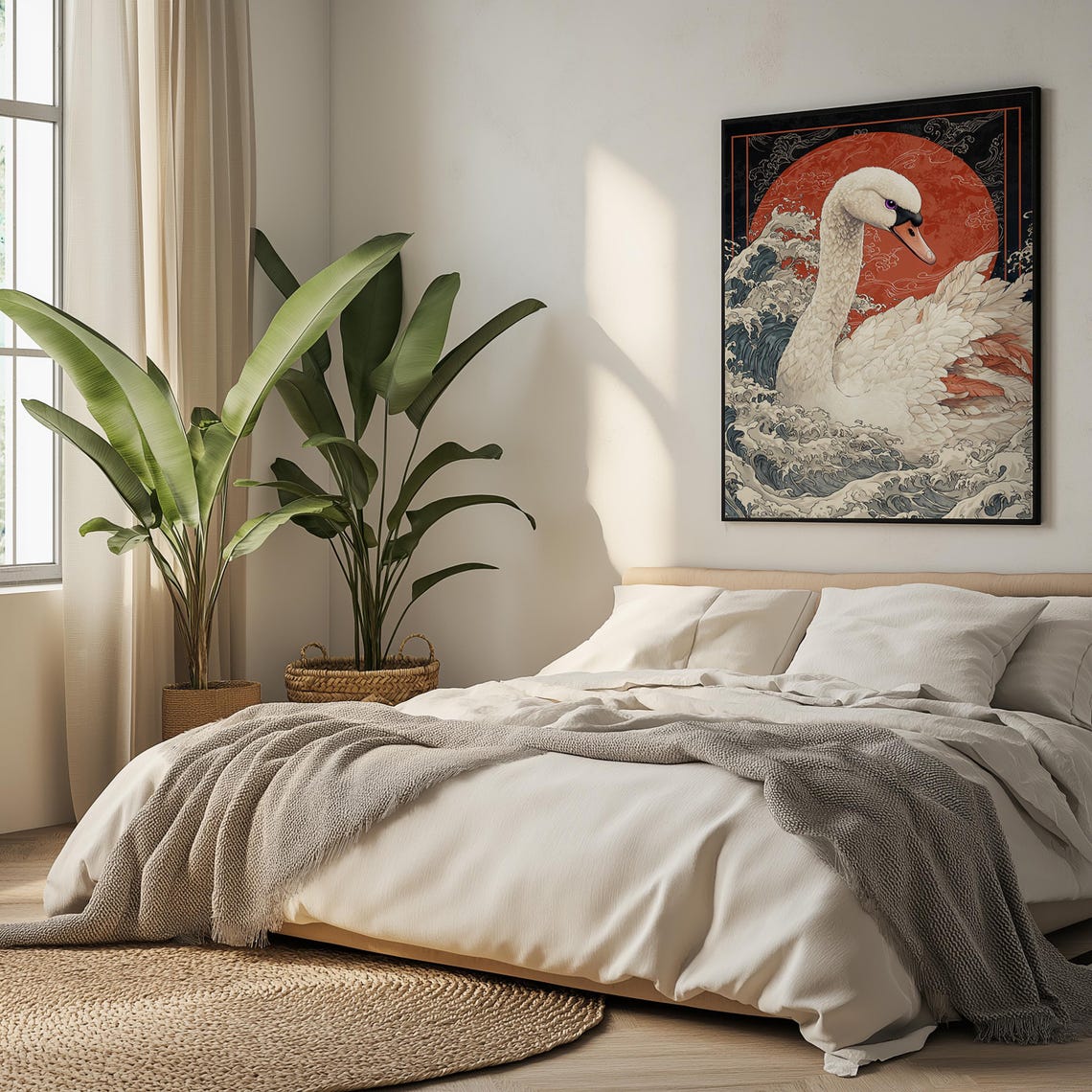 Elegant White Swan Japanese Ocean Waves Red Sun Decor Poster - Image 5