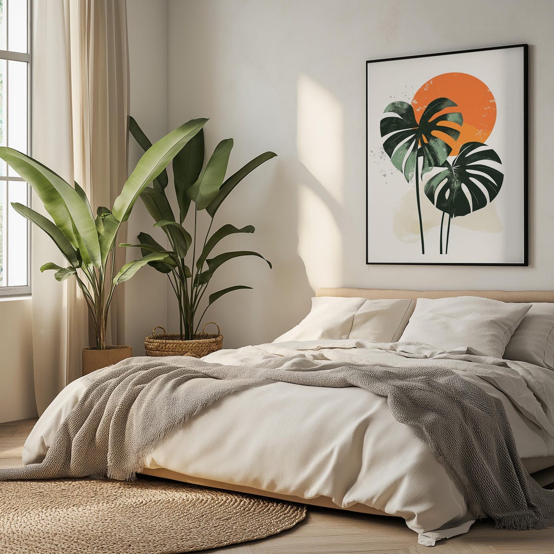 Monstera Leaves Under Orange Sun Minimalist Tropical Wall Art - Image 4