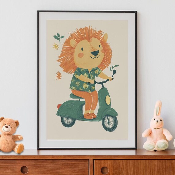 Playful Lion Print Nursery Wall Art Safari Animals Kids Room Decor Eclectic Boys Whimsical Toddler