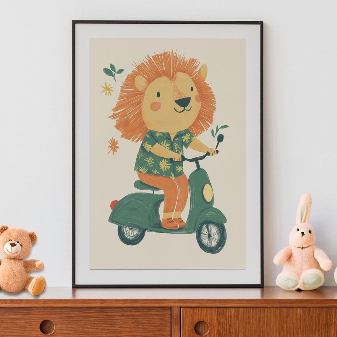 Lion Riding a Green Scooter Floral Shirt Safari Kids Animal Poster