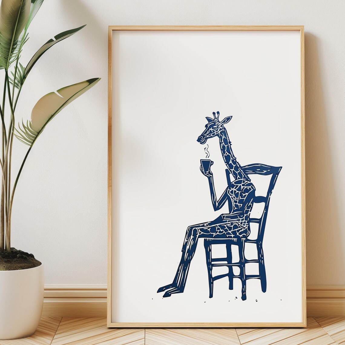 Giraffe Drinking Coffee Linocut Chair Scene Poster Quirky Animal