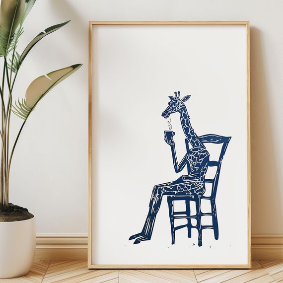 Giraffe Drinking Coffee Linocut Chair Scene Poster Quirky Animal