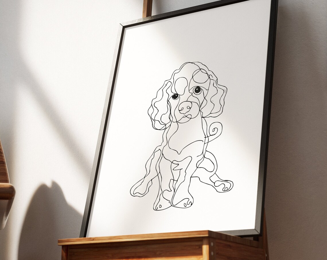 Cocker Spaniel Puppy Sitting Continuous Line Drawing Cute Dog Poster