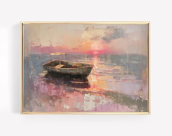 Pastel Pink Boat Sunset Impressionist Coastal Ocean Wall Print