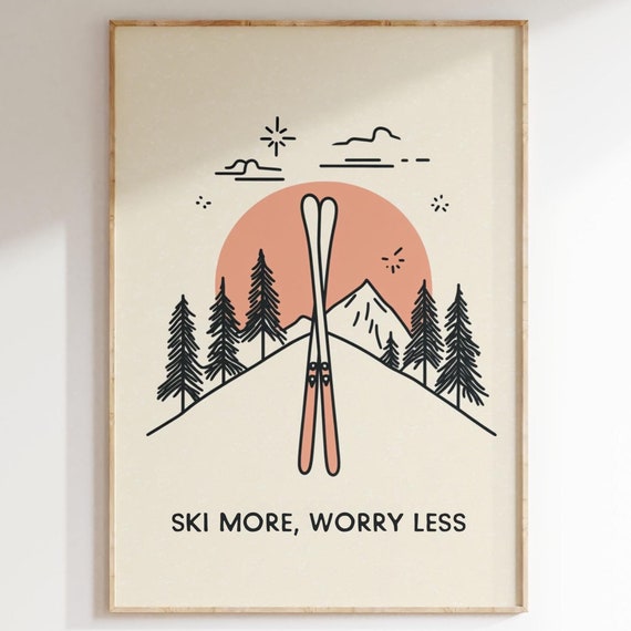 Ski More Worry Less Print Vintage Ski Poster Wine And Spirits Print Mountains Wall Art Cocktail Poster Ski Lover Gift Ski Bar Print