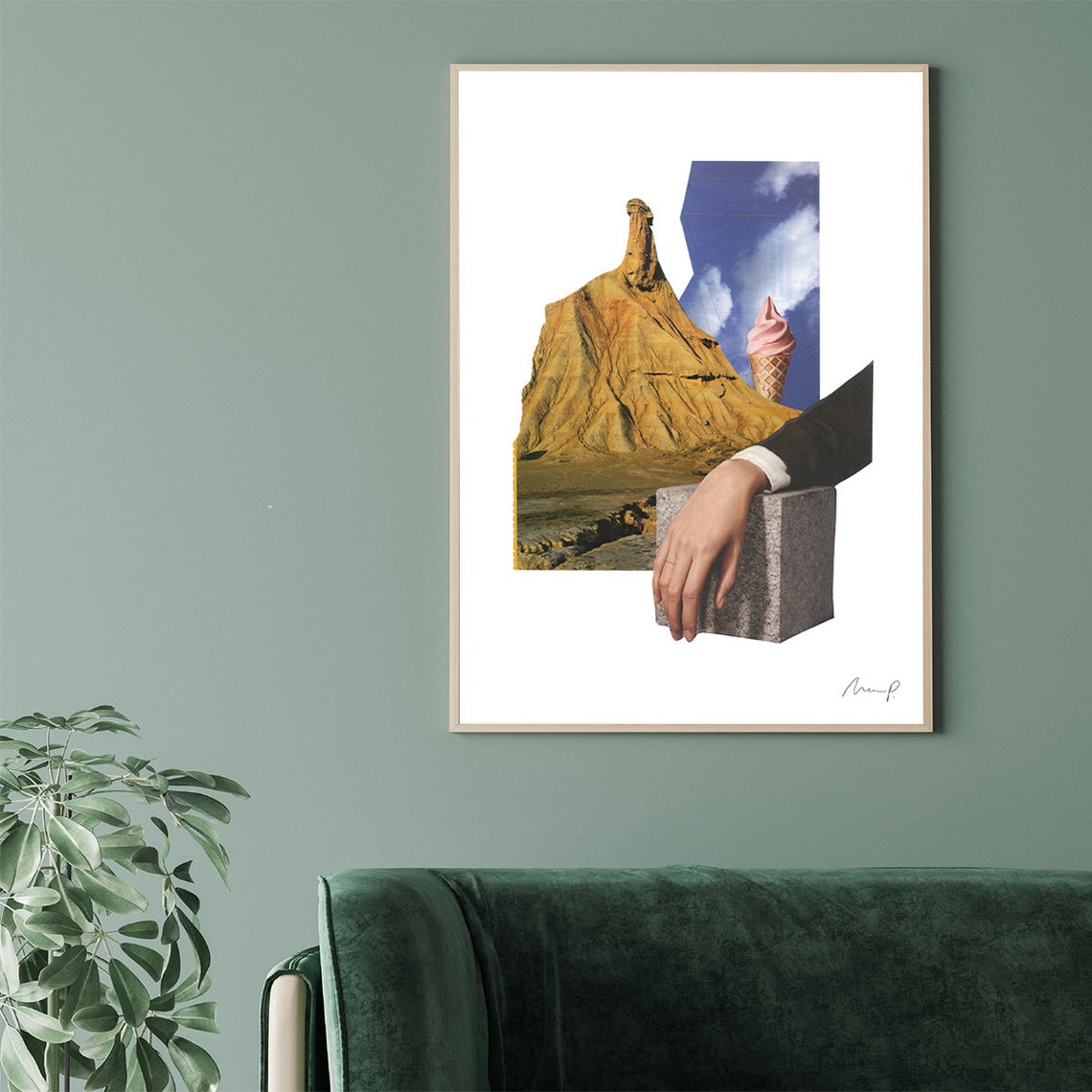 Witty Surreal Collage Desert Rock Pink Ice Cream Cone Art Poster - Image 2