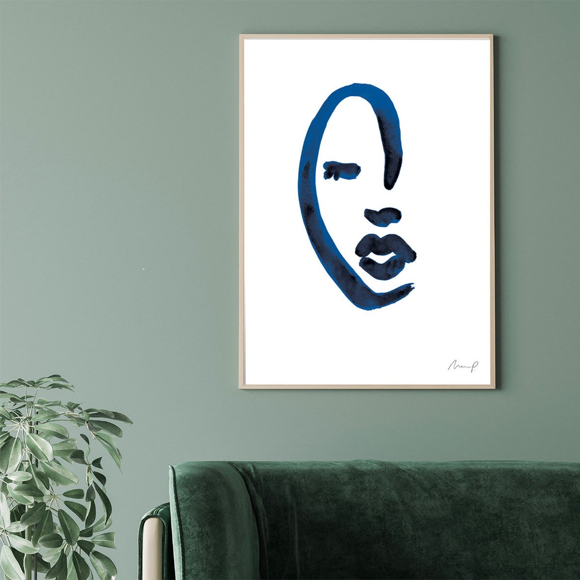 Blue Brushstroke Face Five Simple Oval Line Art Portrait Poster - Image 2