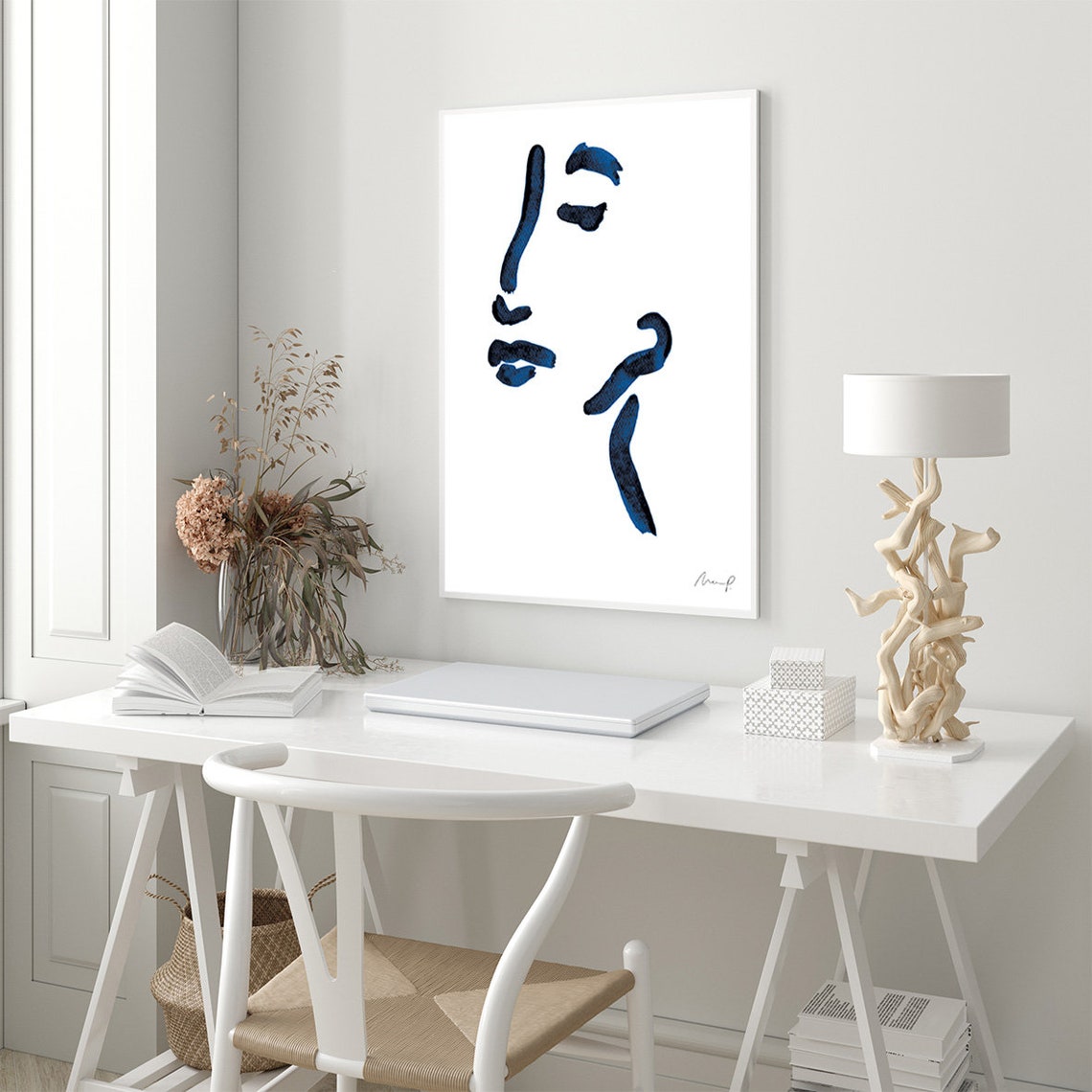 Bold Cobalt Blue Abstract Face Line Art Minimalist Portrait Poster - Image 3