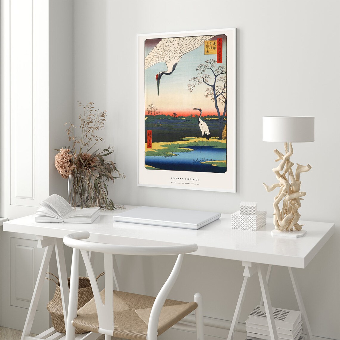 Utagawa Hiroshige Minowa Cranes Japanese Woodblock Sunset Poster - Image 2