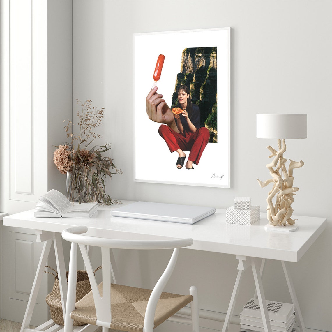 Surreal Collage Woman Eating Pizza Giant Hand Popsicle Cliff Poster - Image 3