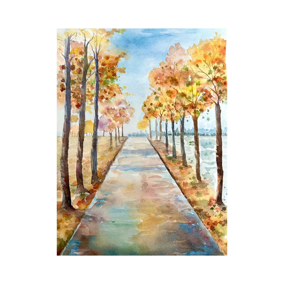 Autumn Tree Lined Path Beside a River Watercolor Landscape Poster