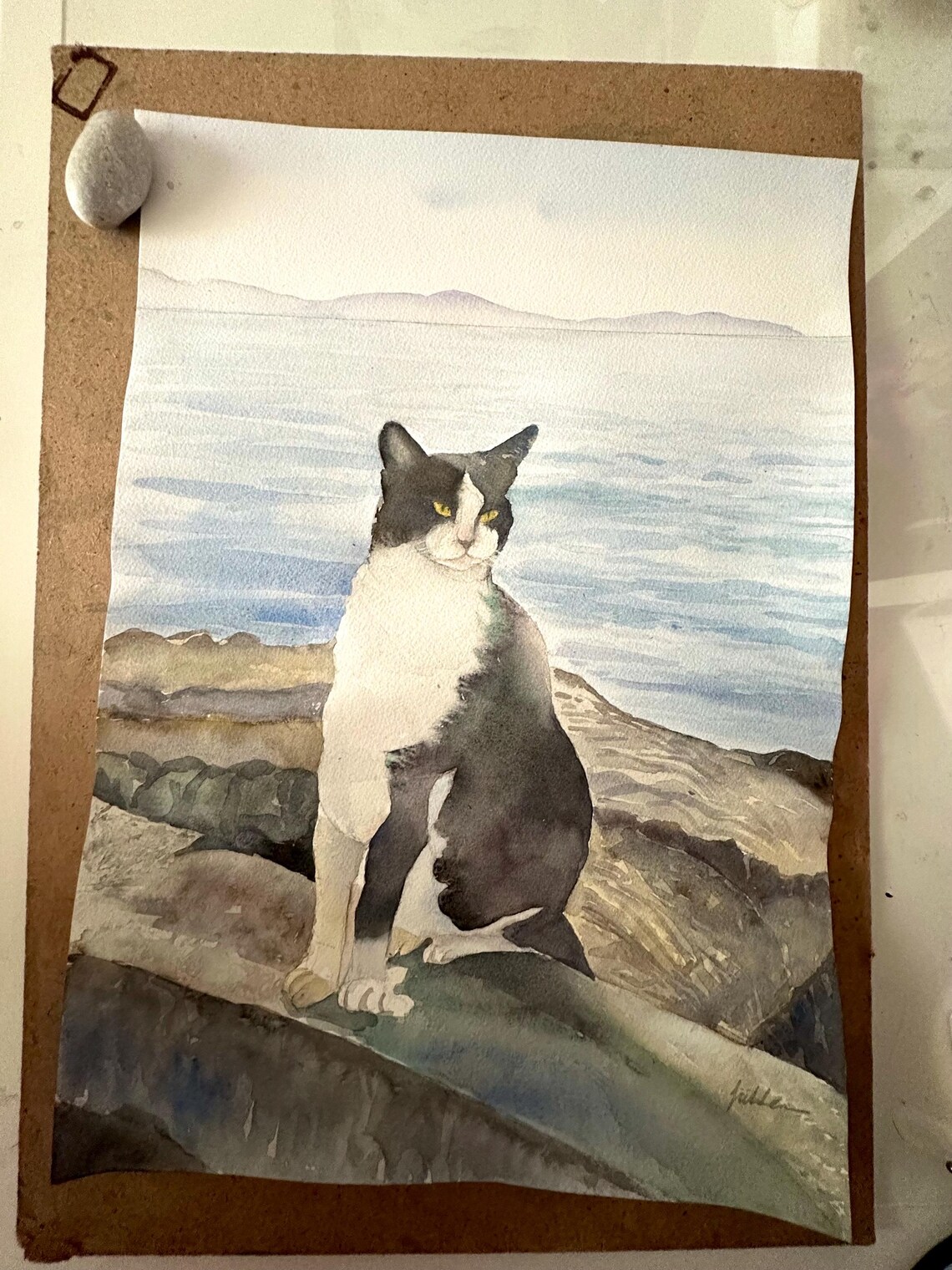 Black and White Tuxedo Cat by the Sea Watercolor Pet Portrait Poster - Image 7
