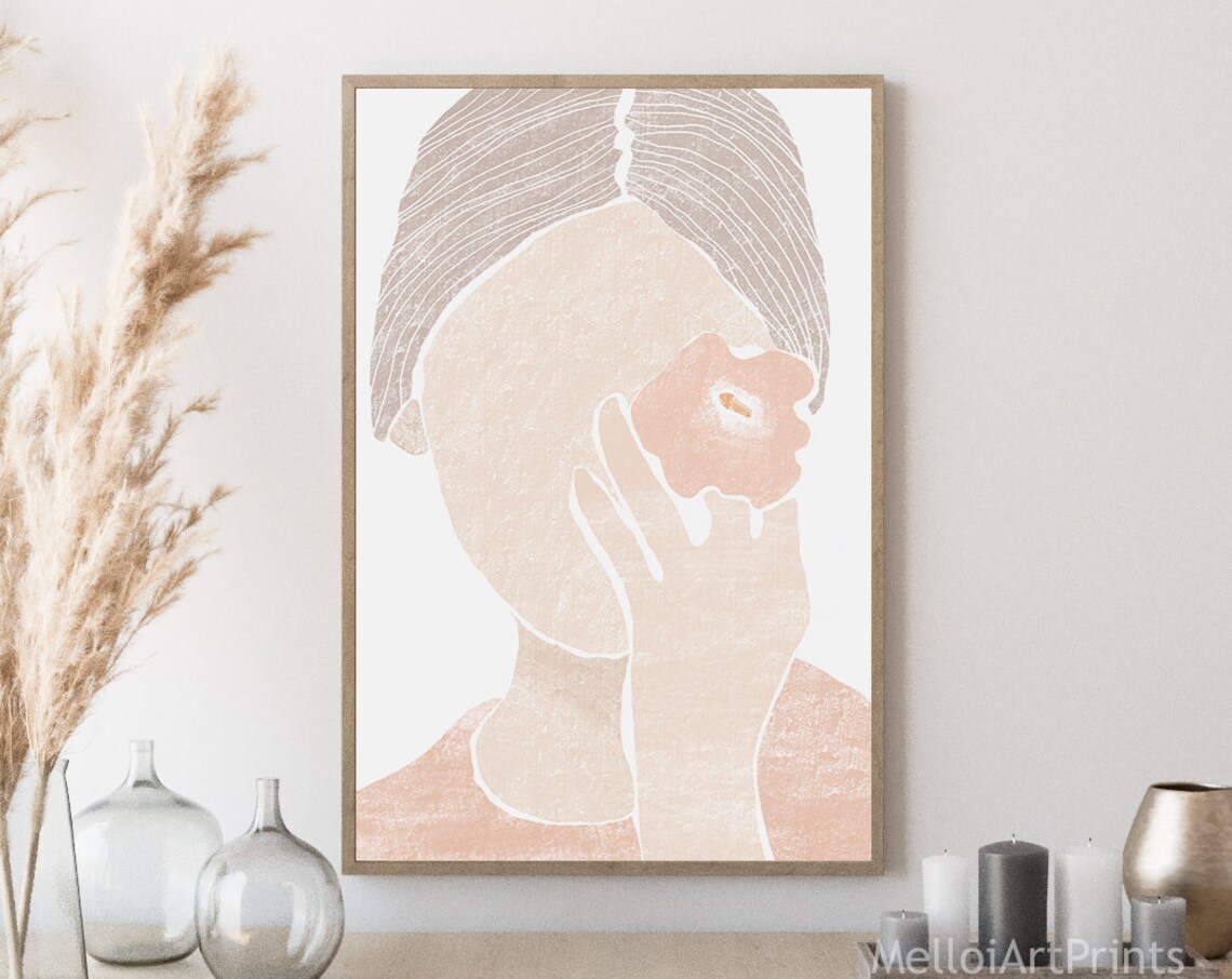 Abstract Woman Face Flower Soft Pink Beige Modern Portrait Poster
