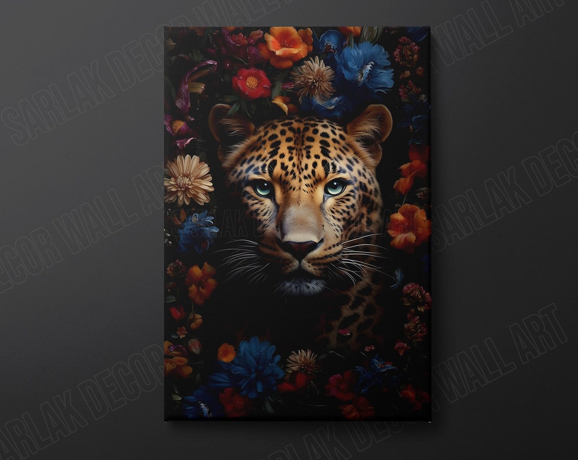Leopard Portrait Colorful Flowers Dark Background Wildlife Wall Art