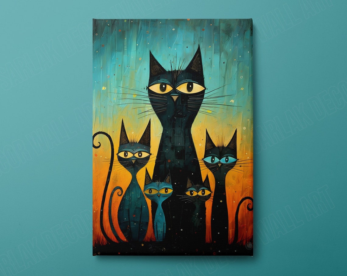 Black Cat Family Whimsical Five Cats Teal Orange Modern Wall Art