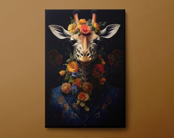 Giraffe In Floral Suit Crown Quirky Animal Portrait Funny Wall Art