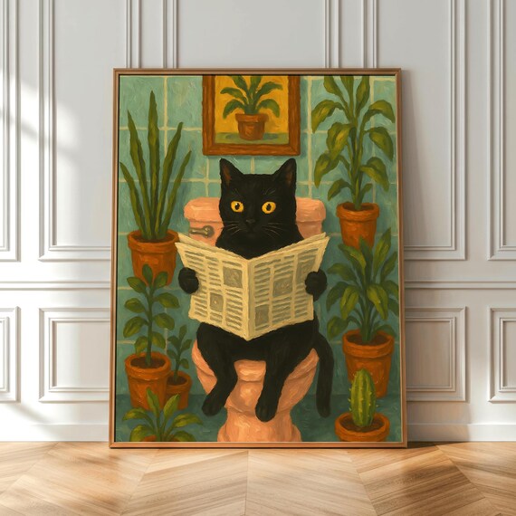 Funny Black Cat Reading Newspaper Poster Bathroom Cat Painting