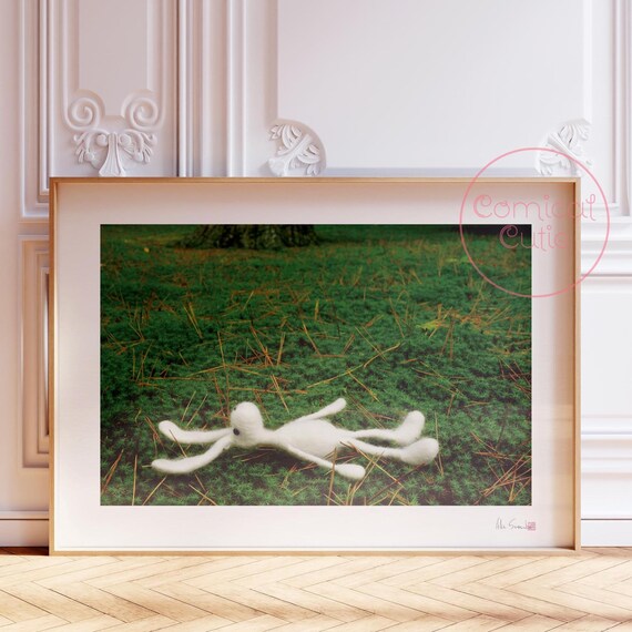 Playful White Felt Bunny Resting On Green Moss Whimsical Poster