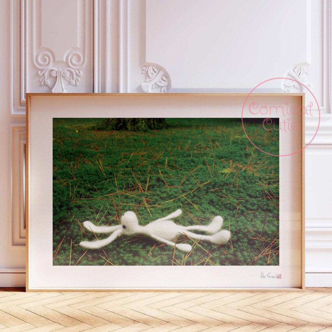 Playful White Felt Bunny Resting On Green Moss Whimsical Poster
