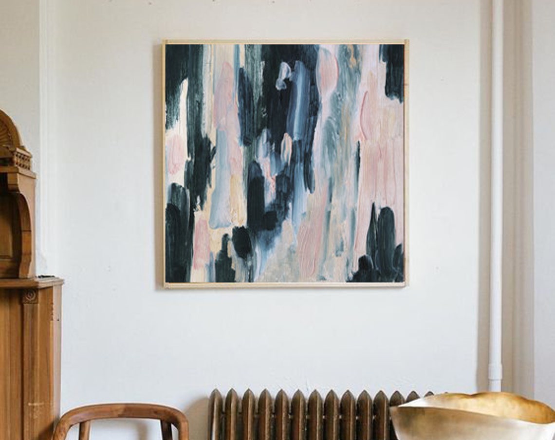 Navy and Blush Pink Abstract Brushstroke Modern Art Wall Art