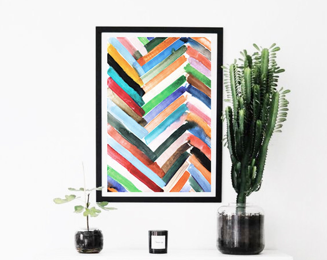Colorful Chevron Watercolor Zigzag Stripes Rainbow Geometric Wall Art - Image 3