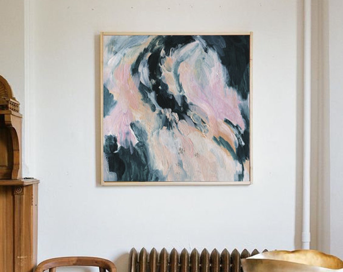 Swirling Navy Pink Abstract Acrylic Painting Modern Wall Art