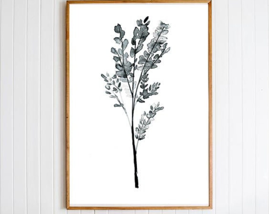 Black White Botanical Fern Watercolor Leaf Stem Branch Art Poster