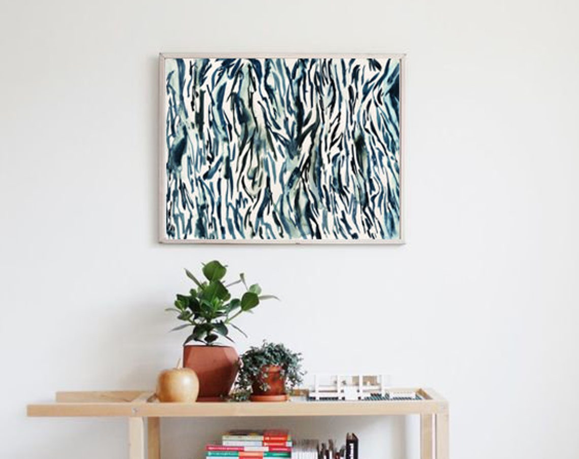 Indigo Blue Abstract Watercolor Vertical Brush Strokes Modern Wall Art