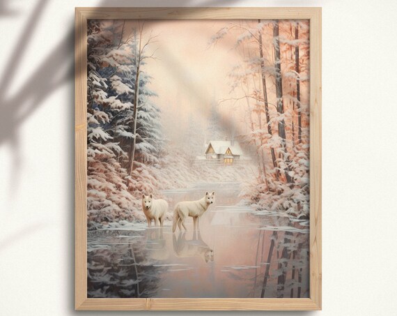 Two White Wolves at a Frozen Lake with Snowy Cabin Winter Print
