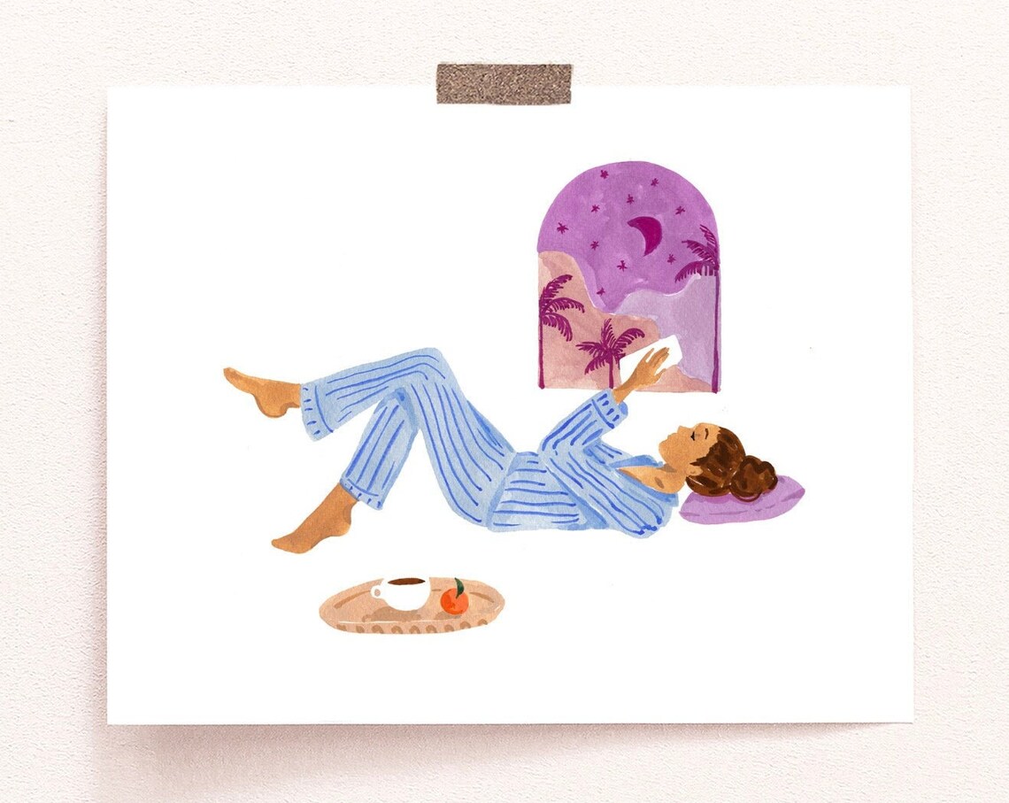 Lounging Woman in Pyjamas, Bedroom Art Print